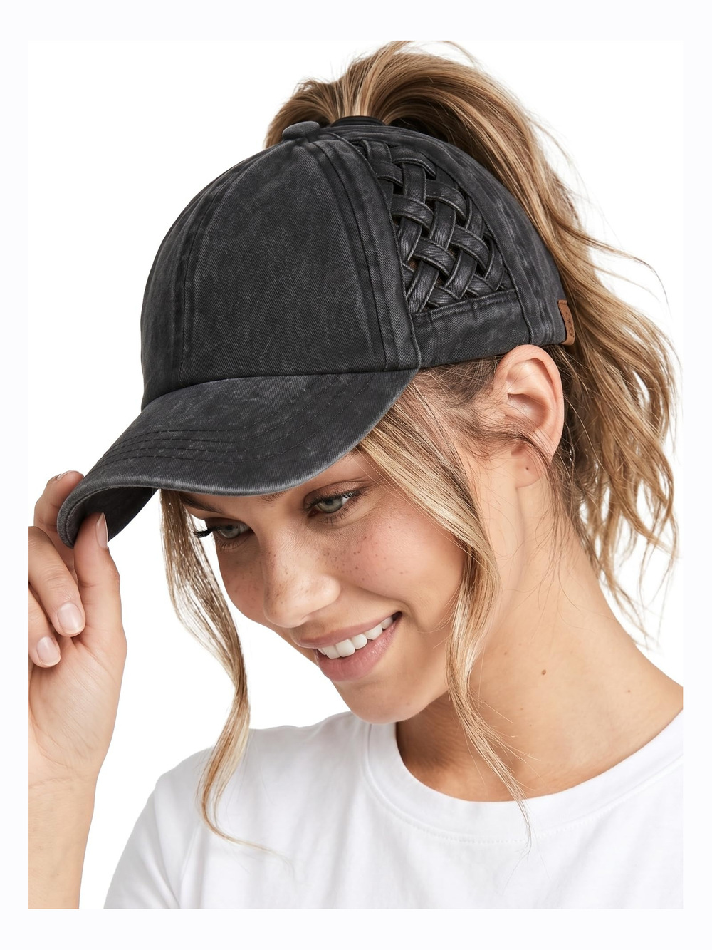 Criss Cross Ponytail Cap, Messy Bun Distressed | Basketweave, Black | Size OS